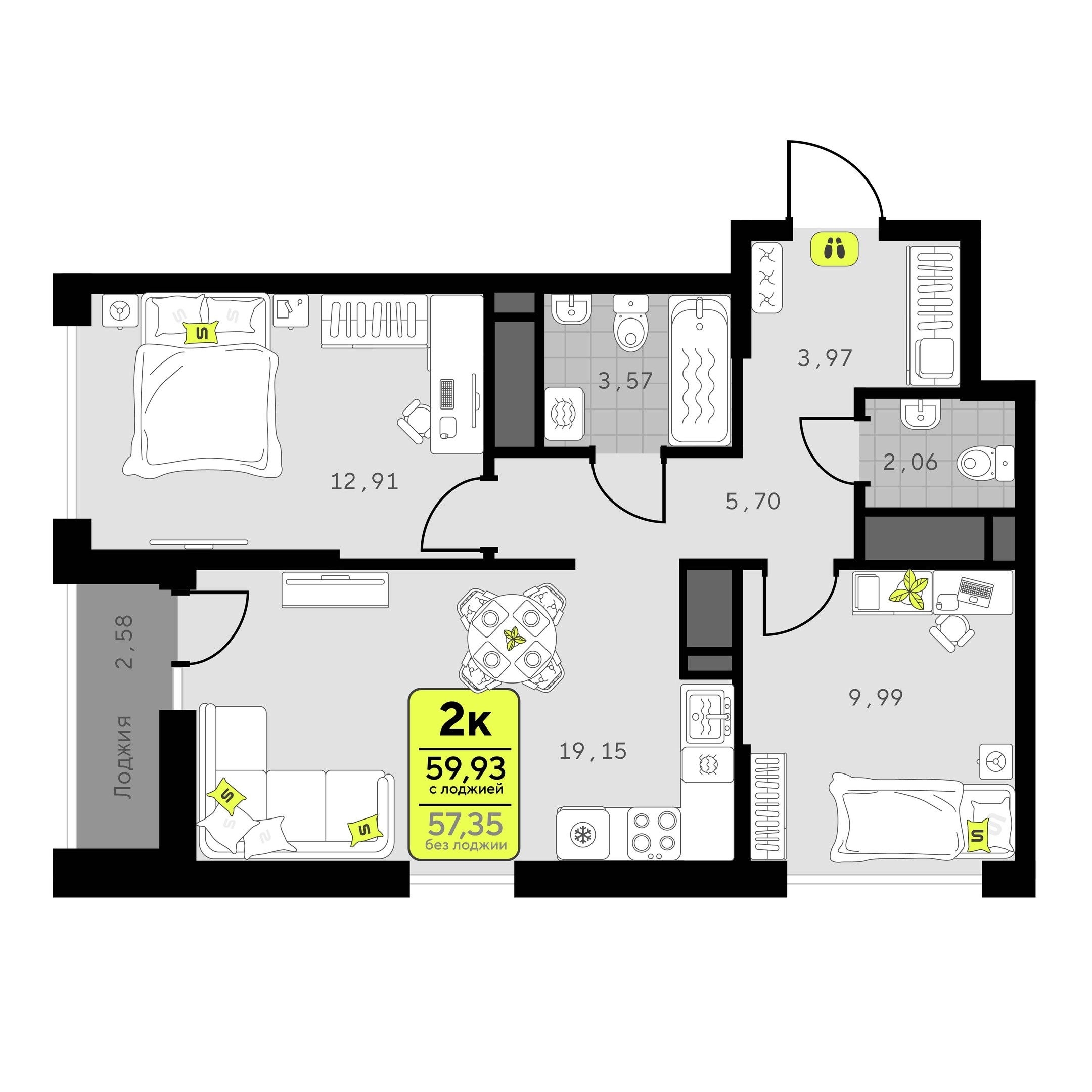 Планировка: 2-комнатная 59.9 м² в ЖК Мотивы, От Плеханова до Южного