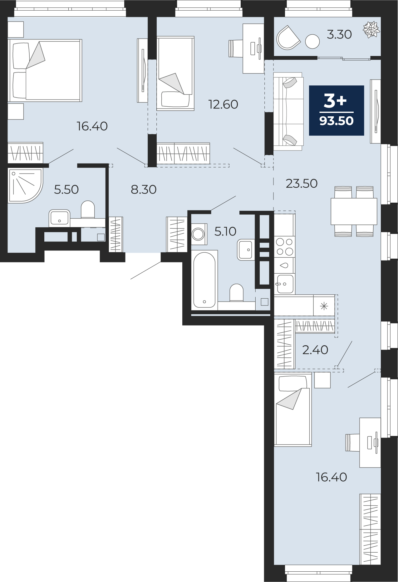 Планировка: 4-комнатная евро 93.5 м² в ЖК Айвазовский, 5-й Заречный