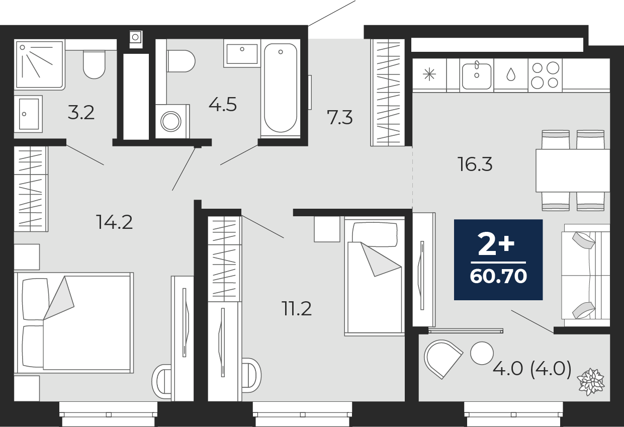 Планировка: Евротрешка 60.7 м² в ЖК Мириады, Мыс