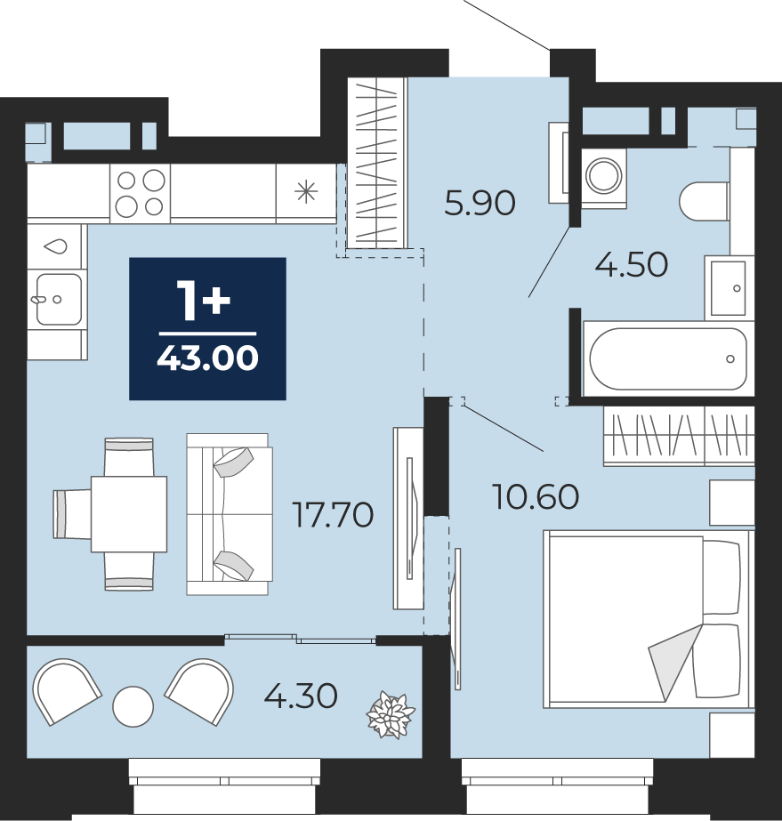Планировка: Евродвушка 43 м² в ЖК Айвазовский, 5-й Заречный