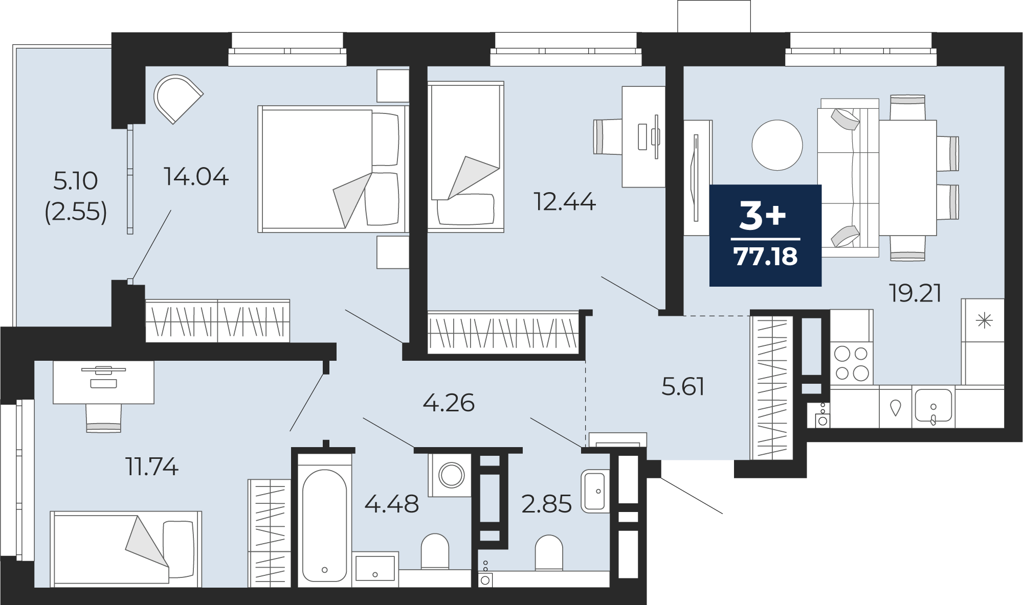 Планировка: 4-комнатная евро 79.7 м² в ЖК Прео, Тюменская слобода