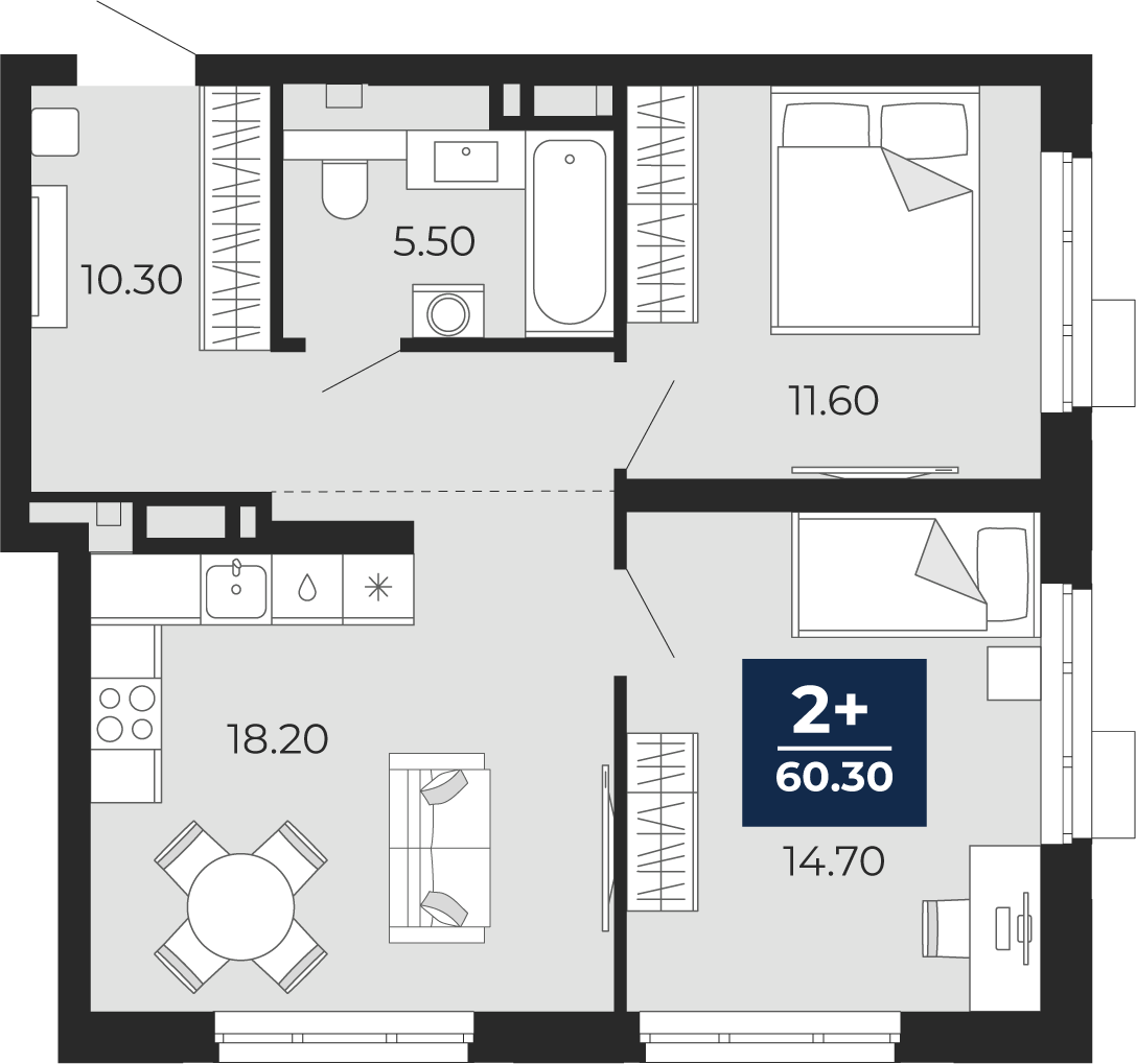 Планировка: Евротрешка 60.3 м² в ЖК Айвазовский, 5-й Заречный