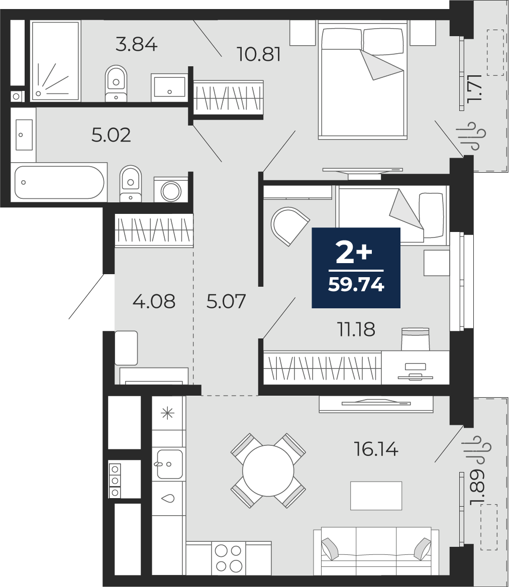 Планировка: Евротрешка 59.7 м² в ЖК Мириады, Мыс