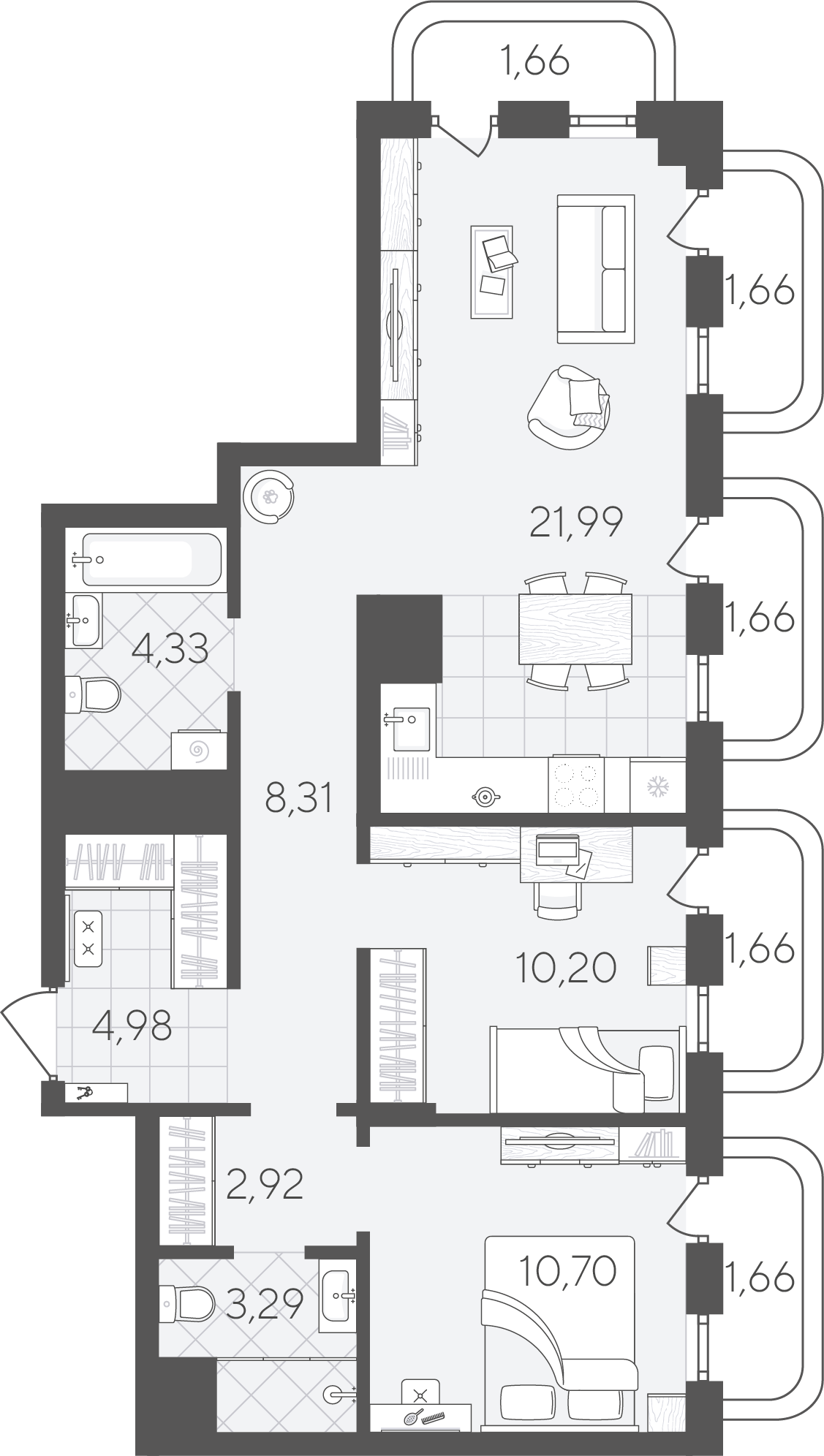 Планировка: Евротрешка 75 м² в ЖК Скандиа. Квартал в Слободе, Тюменская слобода