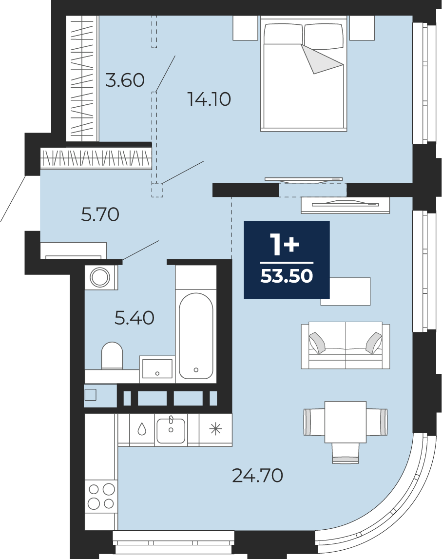 Планировка: Евродвушка 53.5 м² в ЖК Айвазовский, 5-й Заречный