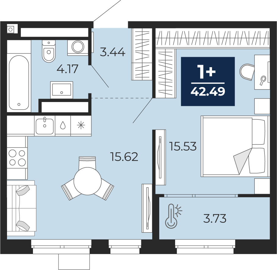 Планировка: Евродвушка 42.5 м² в ЖК Мириады, Мыс