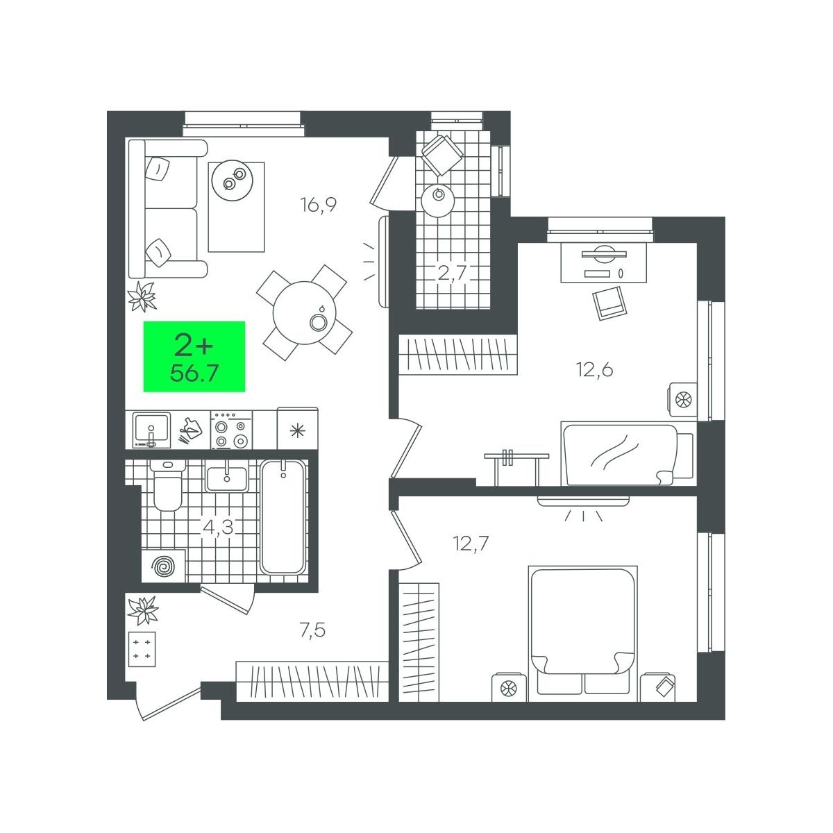 Планировка: Евротрешка 56.7 м² в ЖК Сезоны, От Слободы до Комарово парк