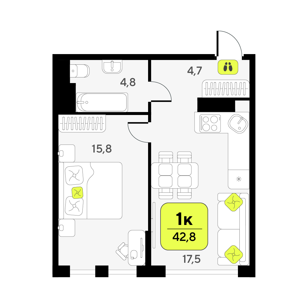 Планировка: Евродвушка 42.8 м² в ЖК Дивный квартал у озера, 5-й Заречный