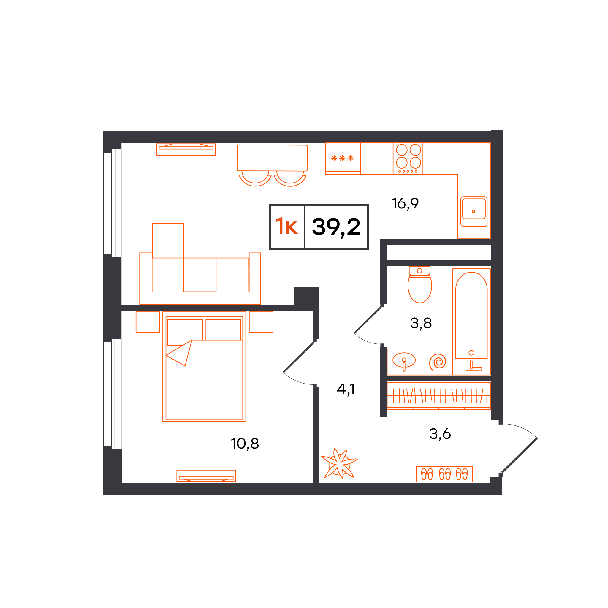 Планировка: Евродвушка 39.2 м² в ЖК Отличие, Комарово Парк