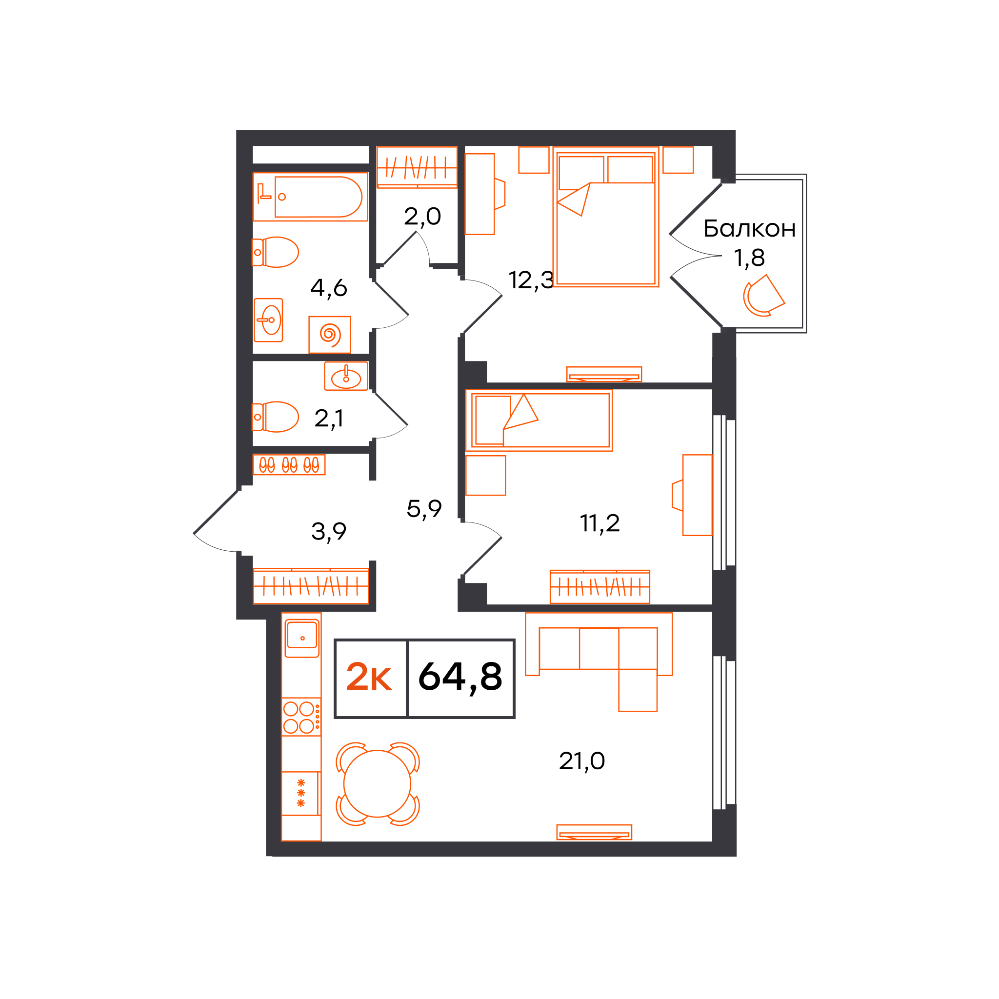 Планировка: Евротрешка 64.8 м² в ЖК Отличие, Комарово Парк