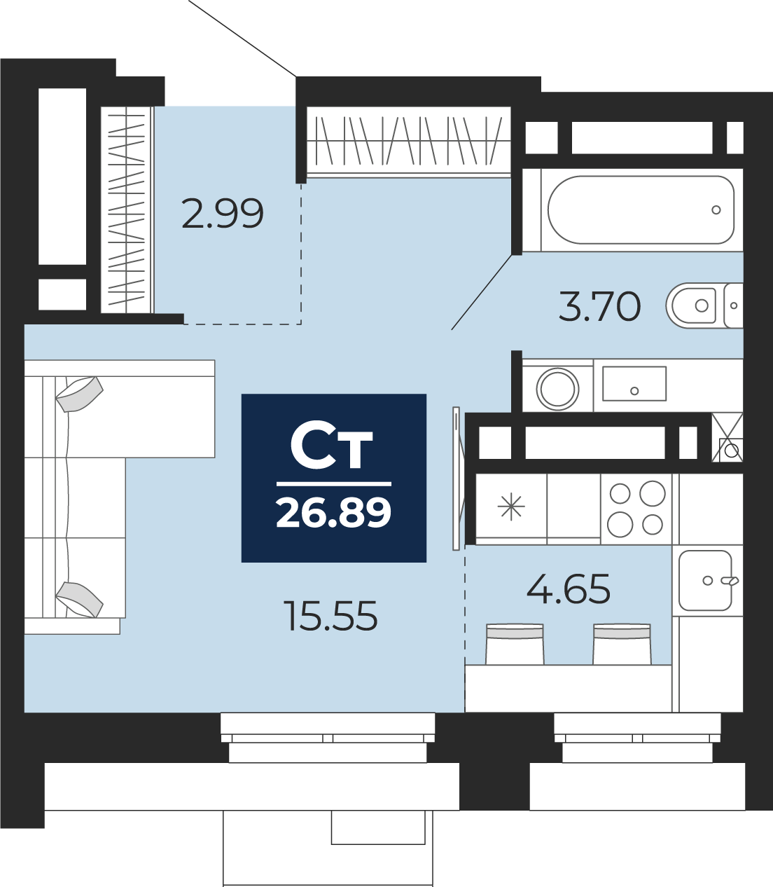 Планировка: Студия 26.9 м² в ЖК Айвазовский, 5-й Заречный