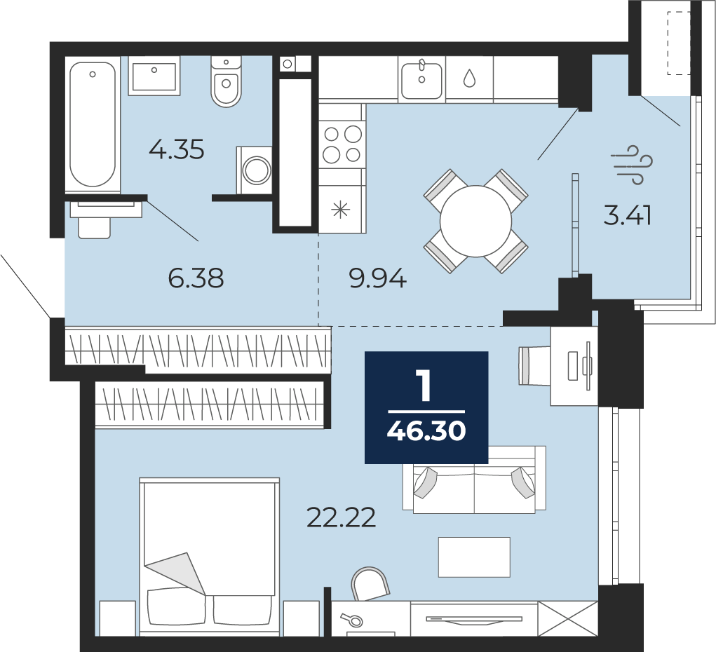 Планировка: 1-комнатная 46.3 м² в ЖК Мириады, Мыс
