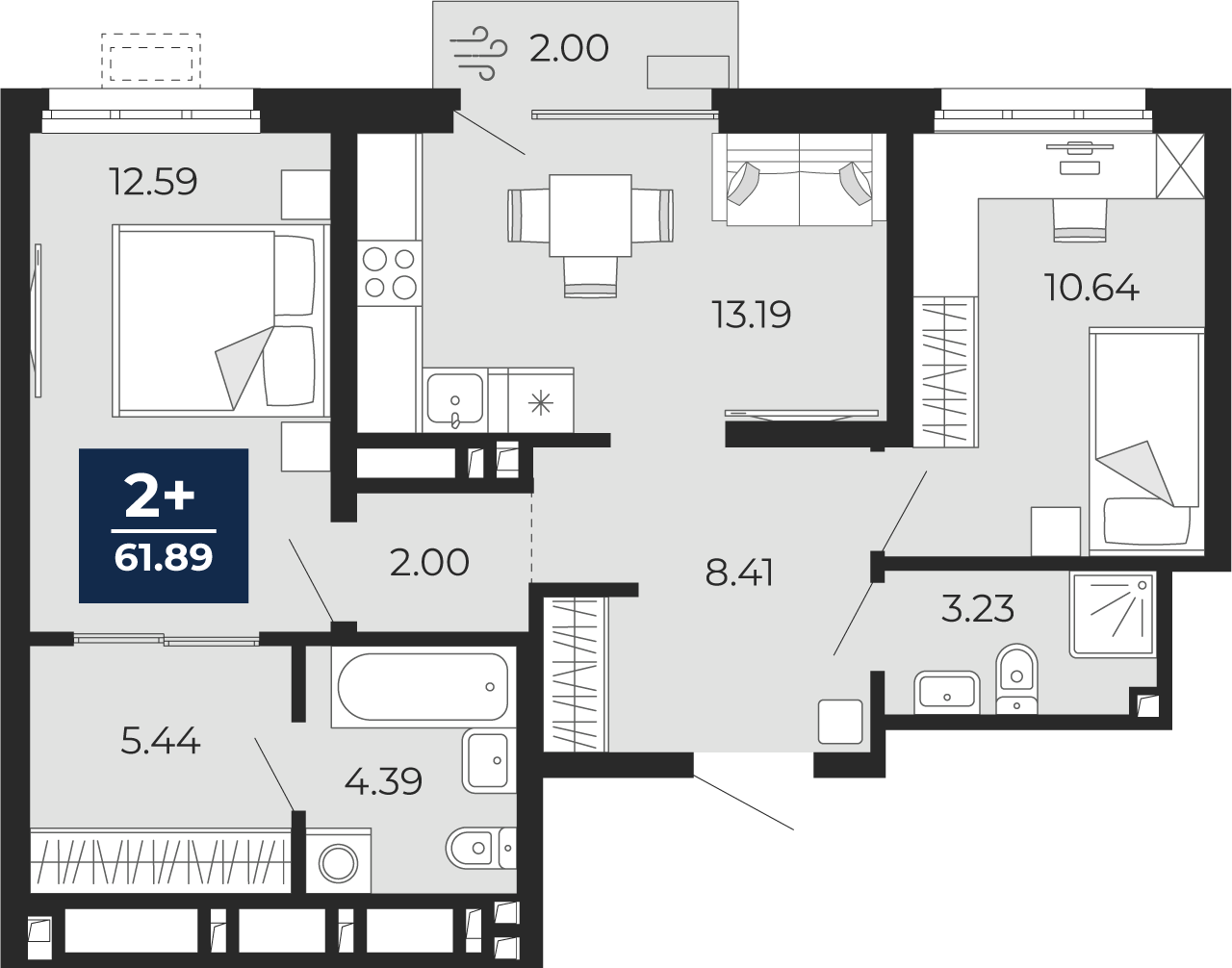 Планировка: Евротрешка 61.9 м² в ЖК Беринг, Лесобаза