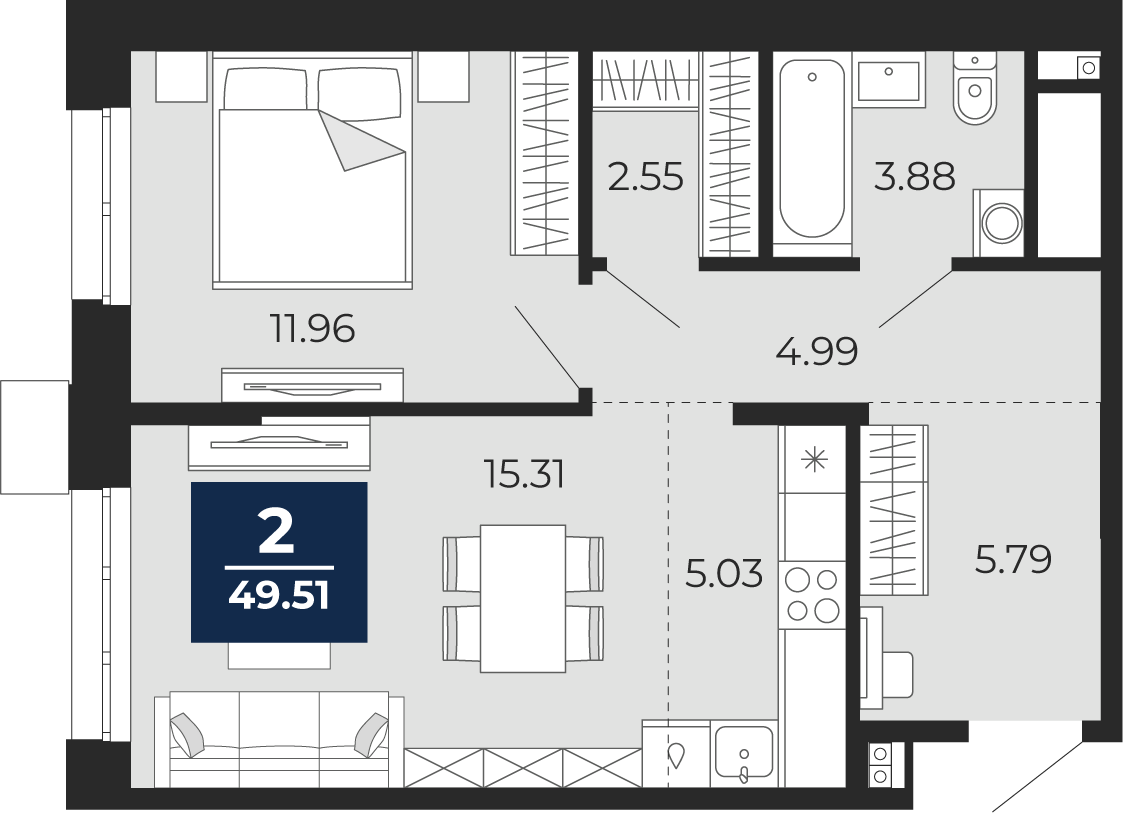Планировка: Евродвушка 49.5 м² в ЖК Мириады, Мыс