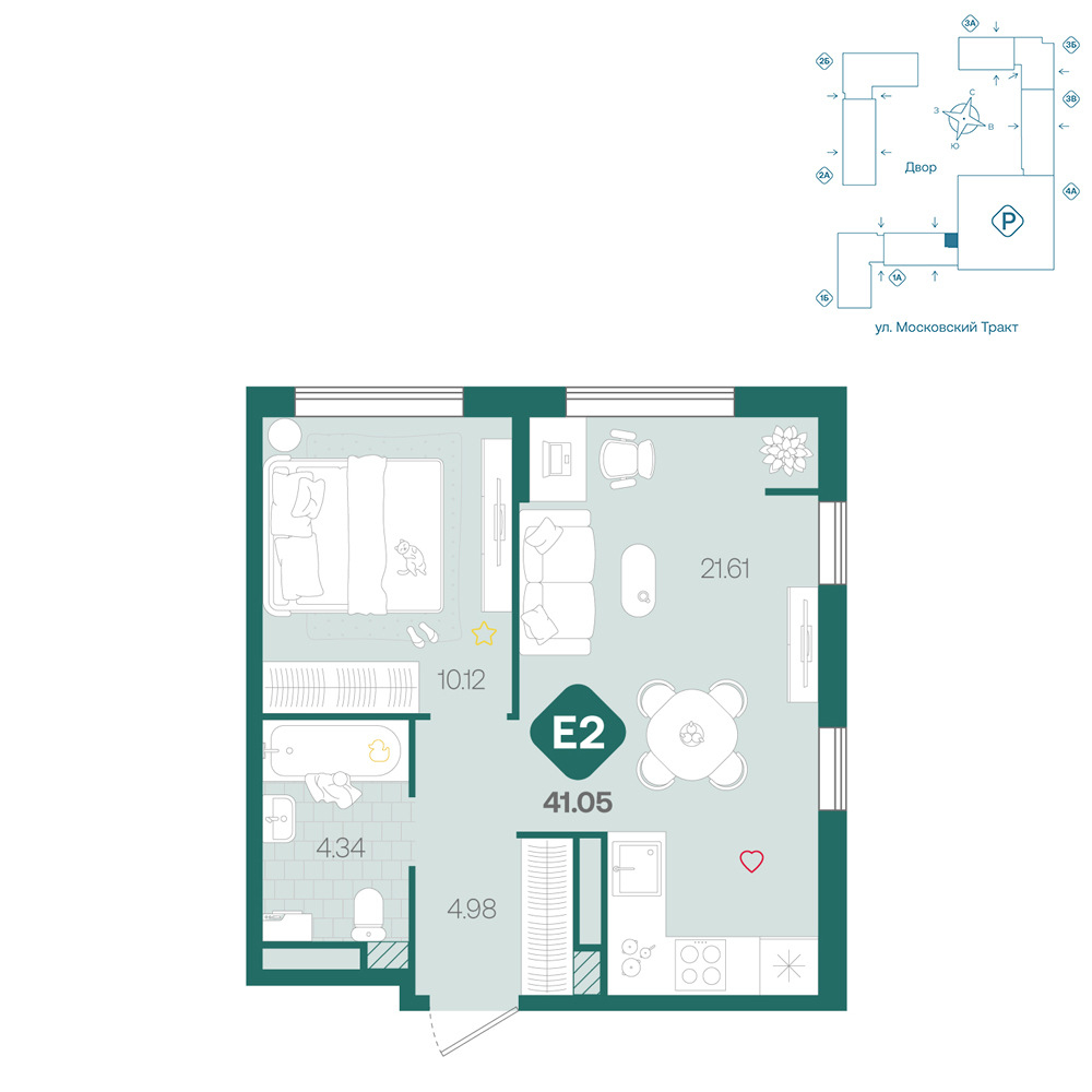 Планировка: Евродвушка 41 м² в ЖК Сибирский, Московский тракт