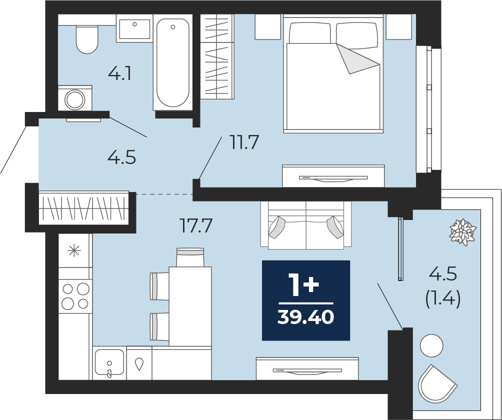 Планировка: Евродвушка 42.5 м² в ЖК Мириады, Мыс