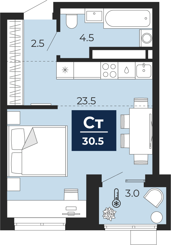 Планировка: Студия 33.9 м² в ЖК Мириады, Мыс