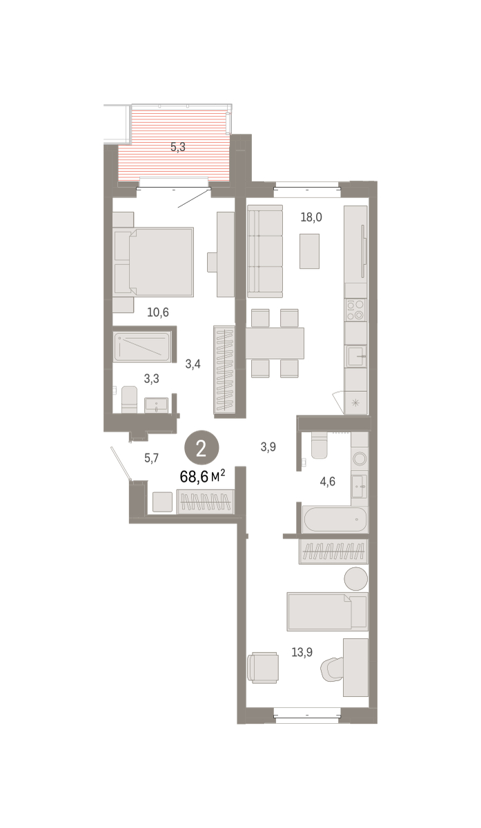 Планировка: 2-комнатная 68.6 м² в ЖК На Минской, Центр: Драмтеатр