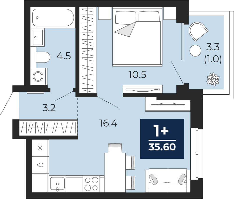 Планировка: Евродвушка 37.9 м² в ЖК Мириады, Мыс