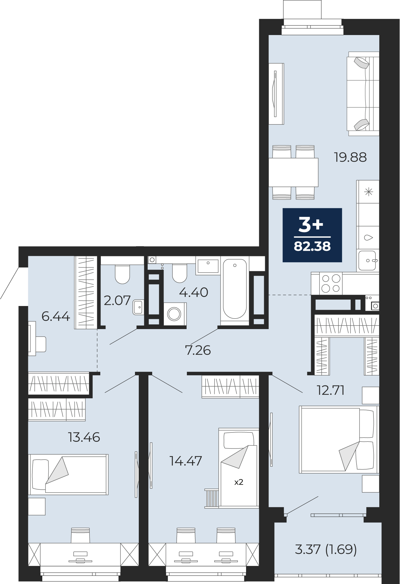 Планировка: 4-комнатная евро 84.1 м² в ЖК Прео, Тюменская слобода