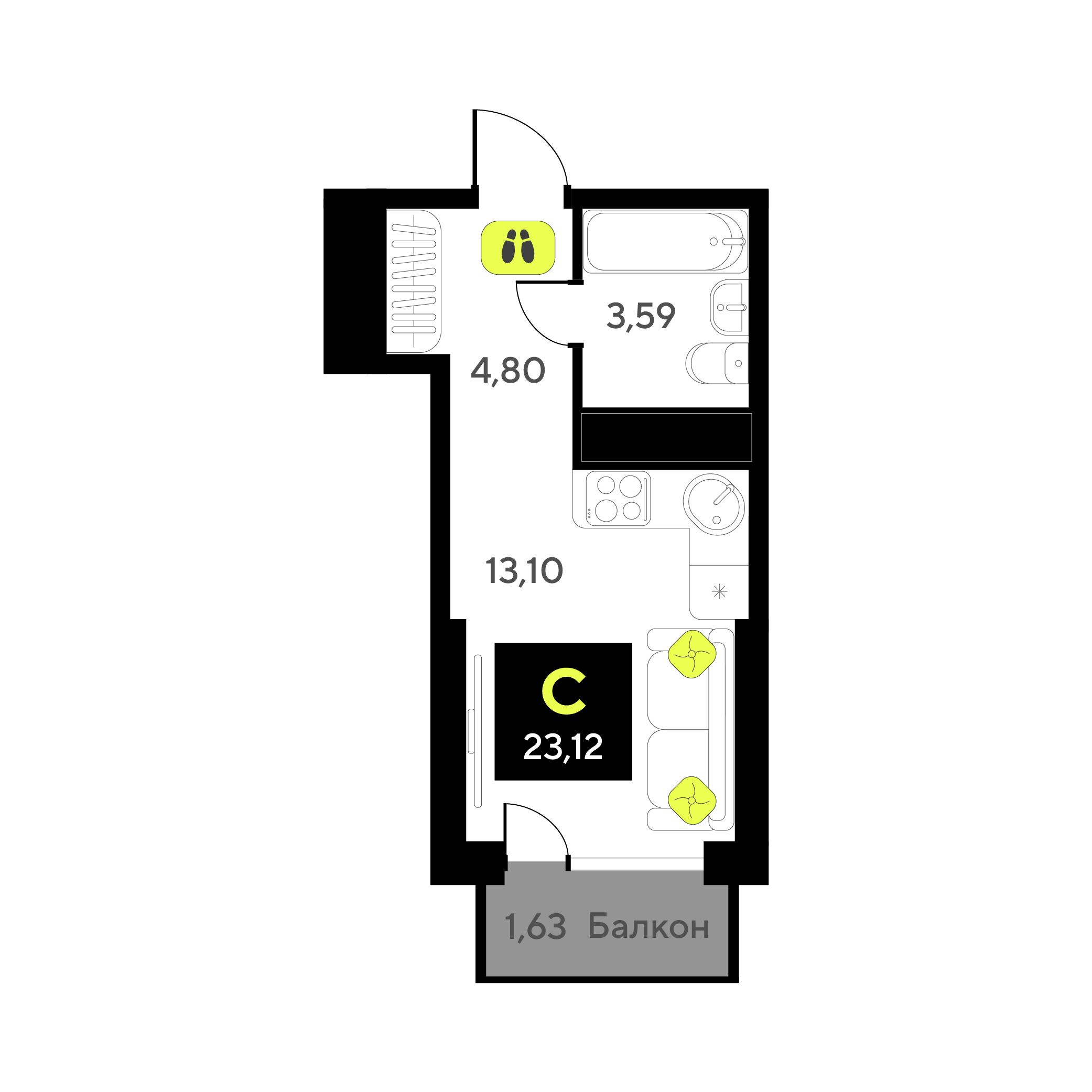 Планировка: Студия 23.1 м² в ЖК Окинава, 5-й Заречный