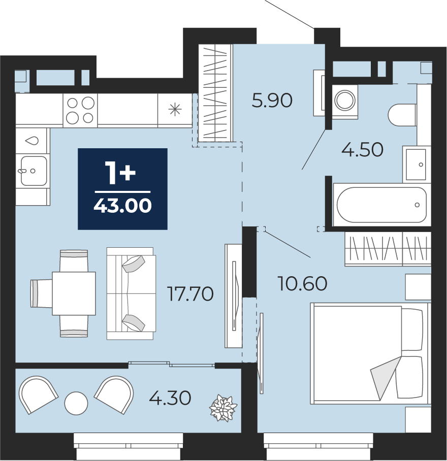 Планировка: Евродвушка 43 м² в ЖК Айвазовский, 5-й Заречный