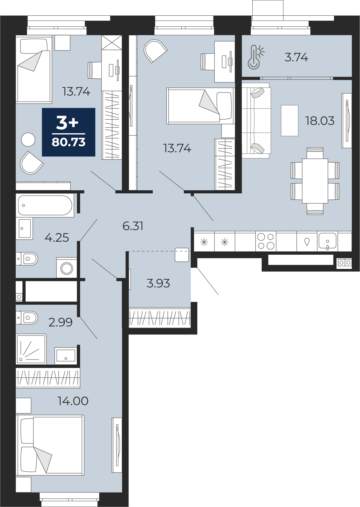 Планировка: 4-комнатная евро 80.7 м² в ЖК Мириады, Мыс