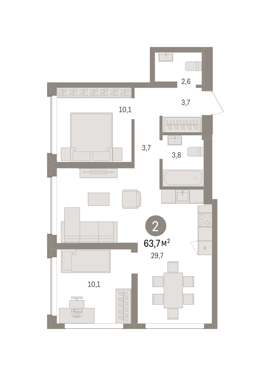Планировка: 2-комнатная 63.7 м² в ЖК Дом у озера, Европейский