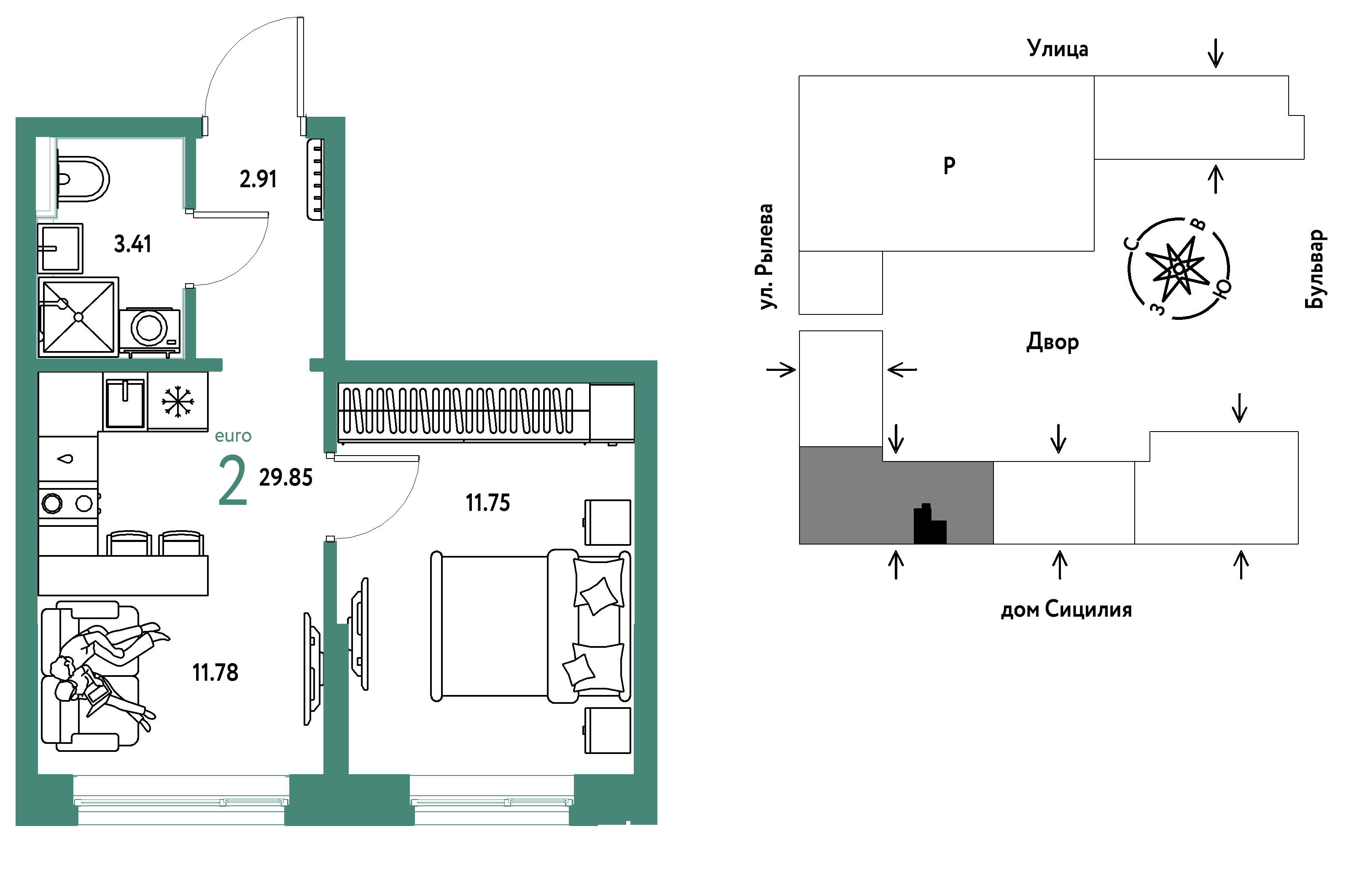 Планировка: 1-комнатная 29.9 м² в ЖК Остров-сад, ДОК
