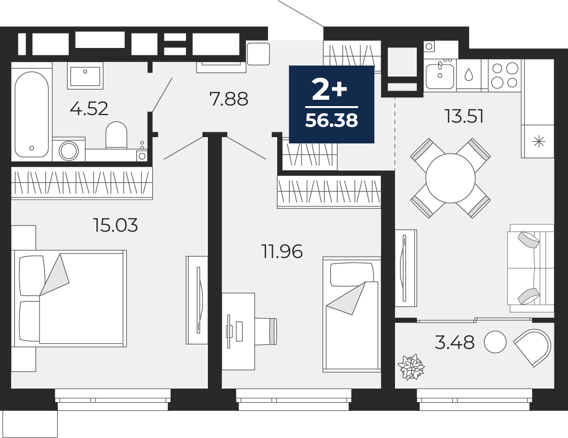 Планировка: Евротрешка 56.4 м² в ЖК Прео, Тюменская слобода