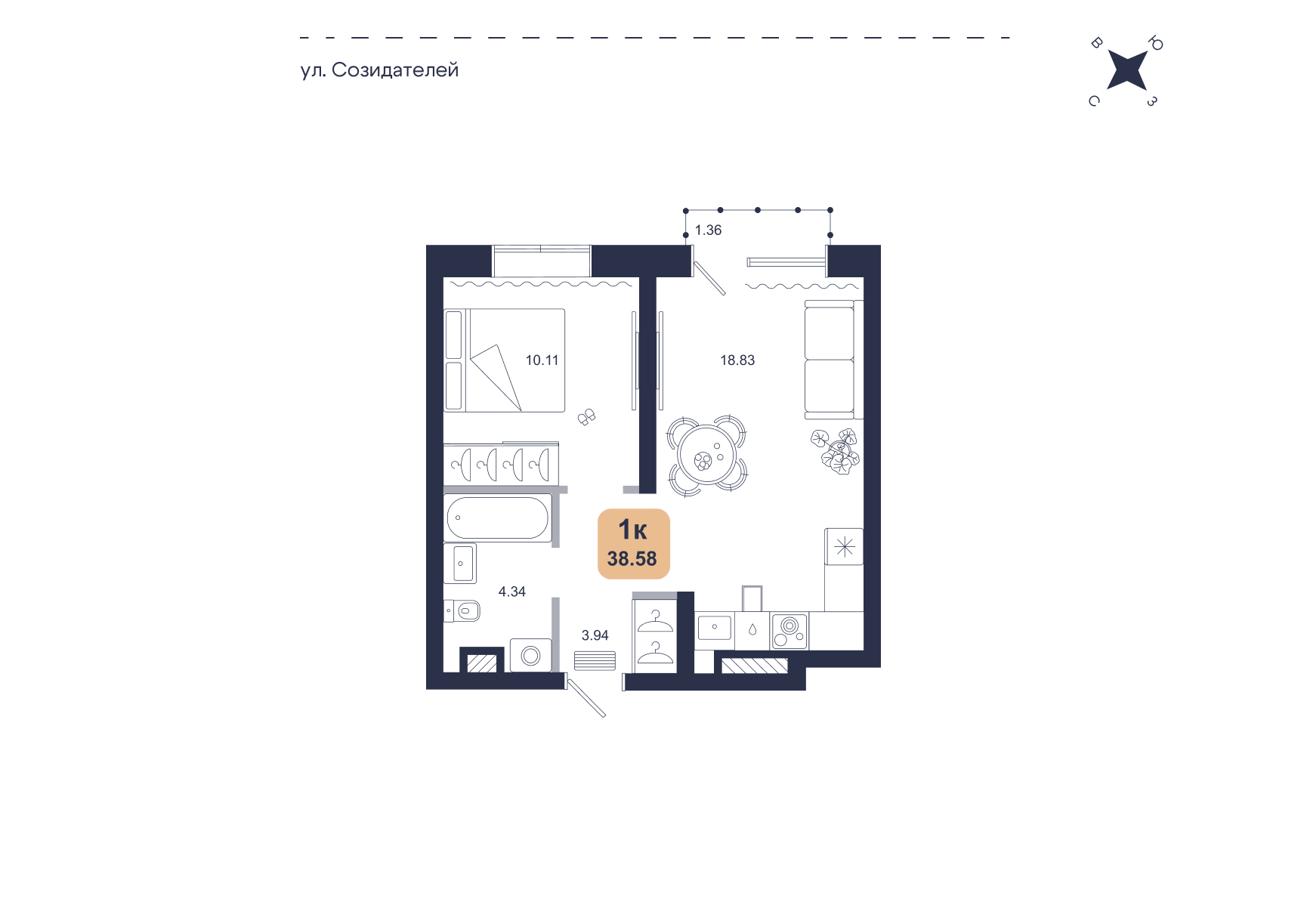 Планировка: Евродвушка 38.6 м² в ЖК Хито, От Слободы до Комарово парк