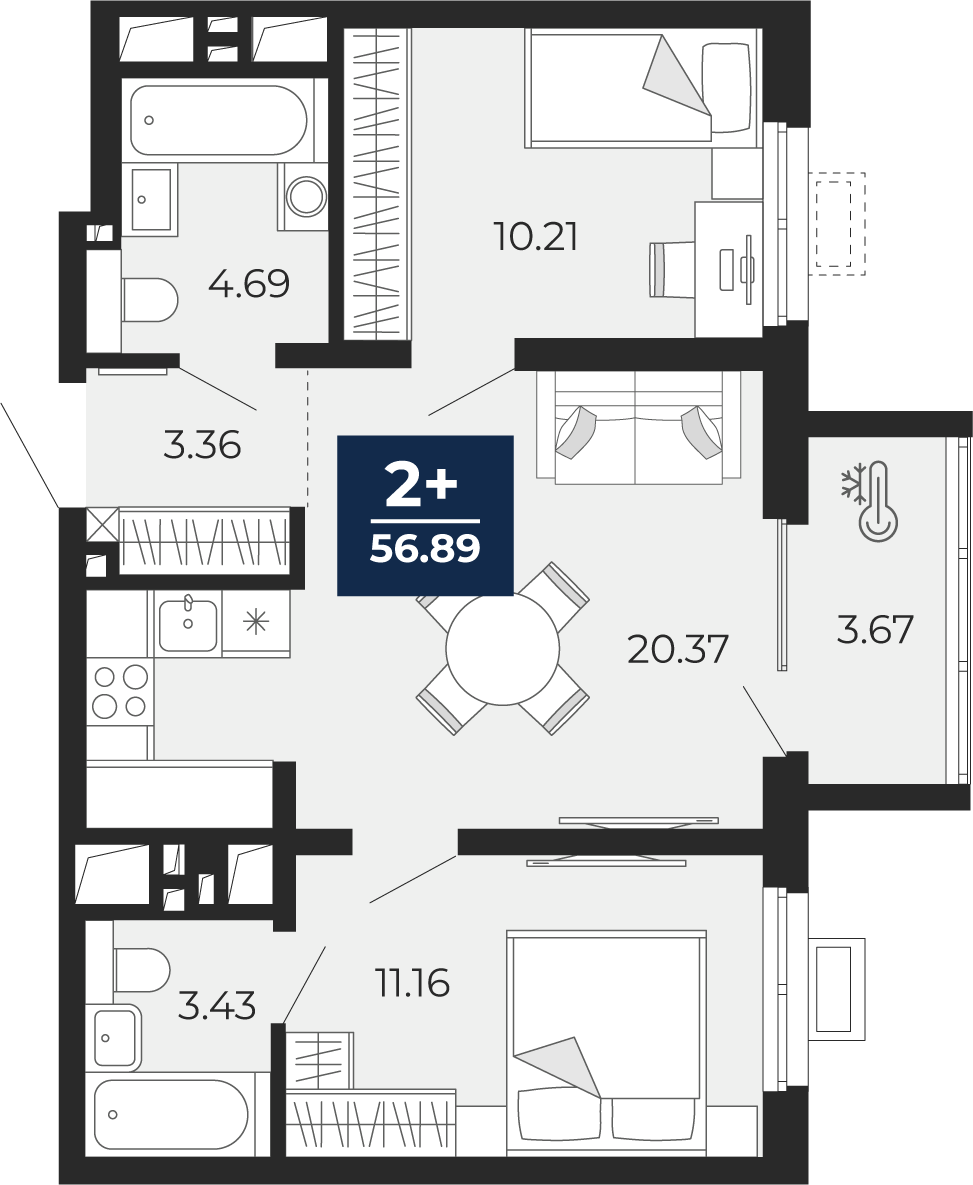 Планировка: Евротрешка 56.9 м² в ЖК Беринг, Лесобаза