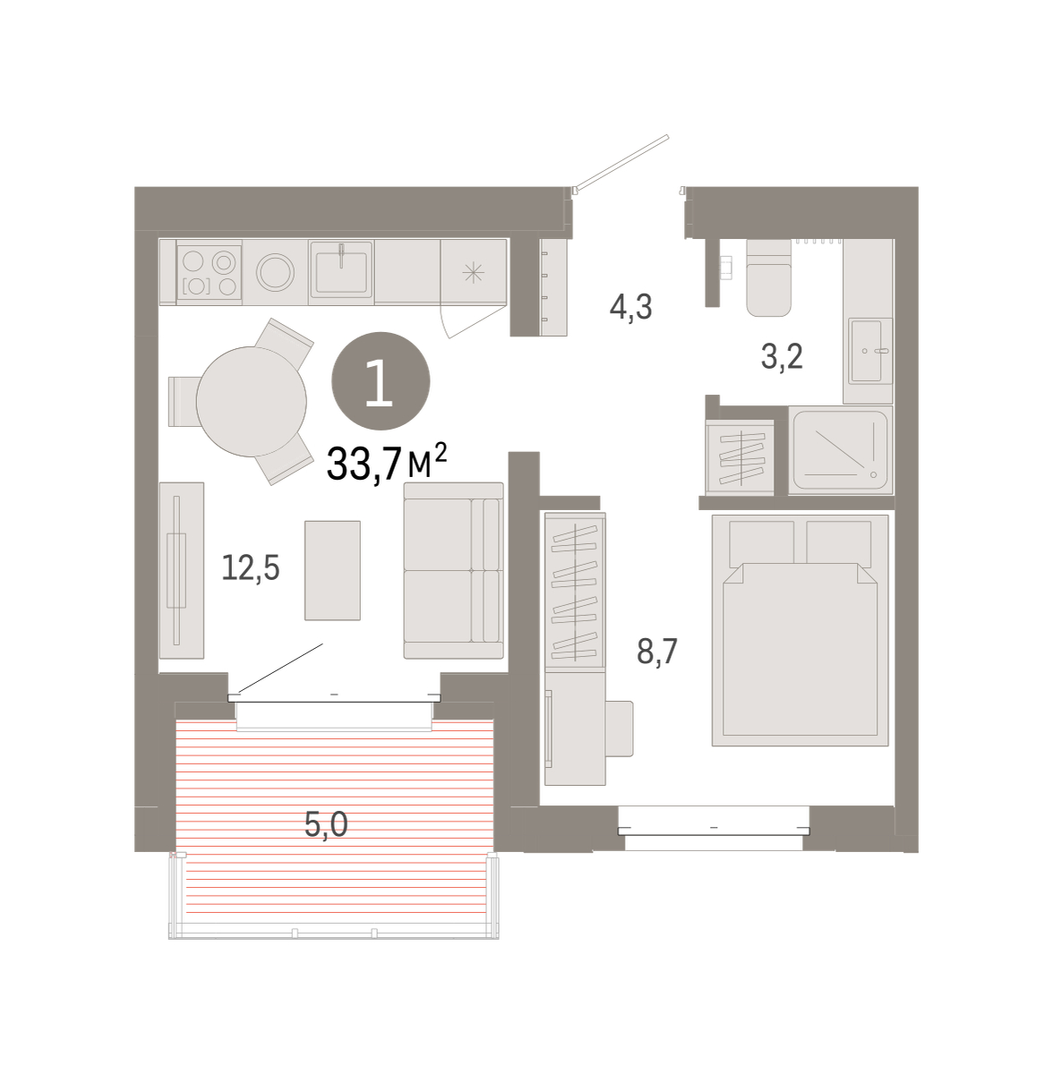 Планировка: 1-комнатная 33.6 м² в ЖК На Минской, Центр: Драмтеатр