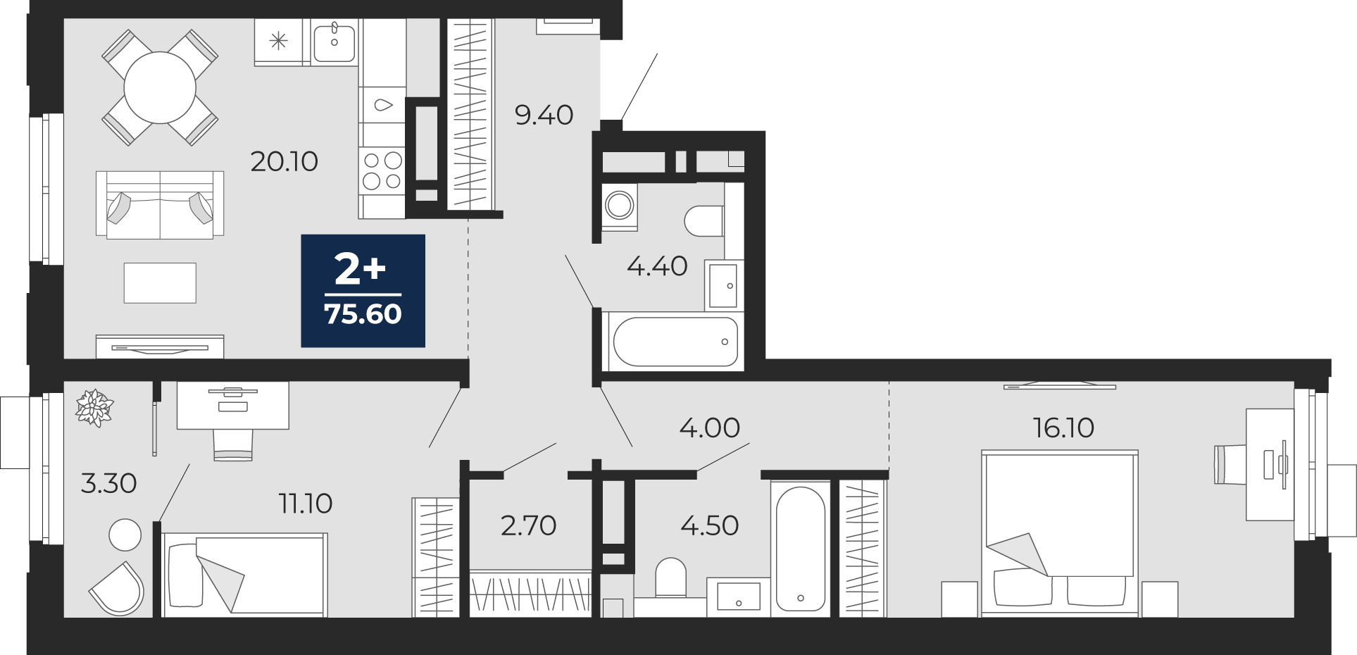 Планировка: Евротрешка 75.6 м² в ЖК Айвазовский, 5-й Заречный