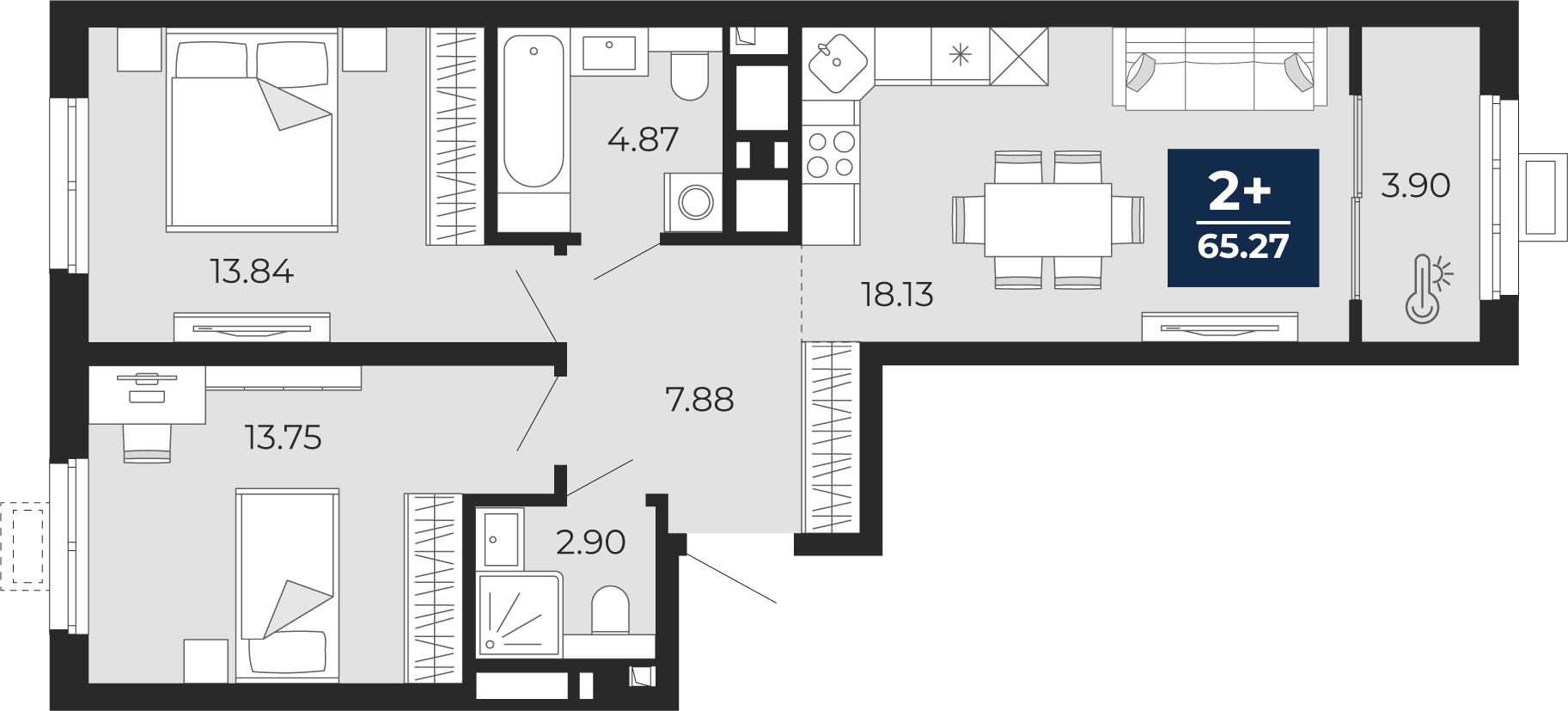 Планировка: Евротрешка 65.3 м² в ЖК Беринг, Лесобаза