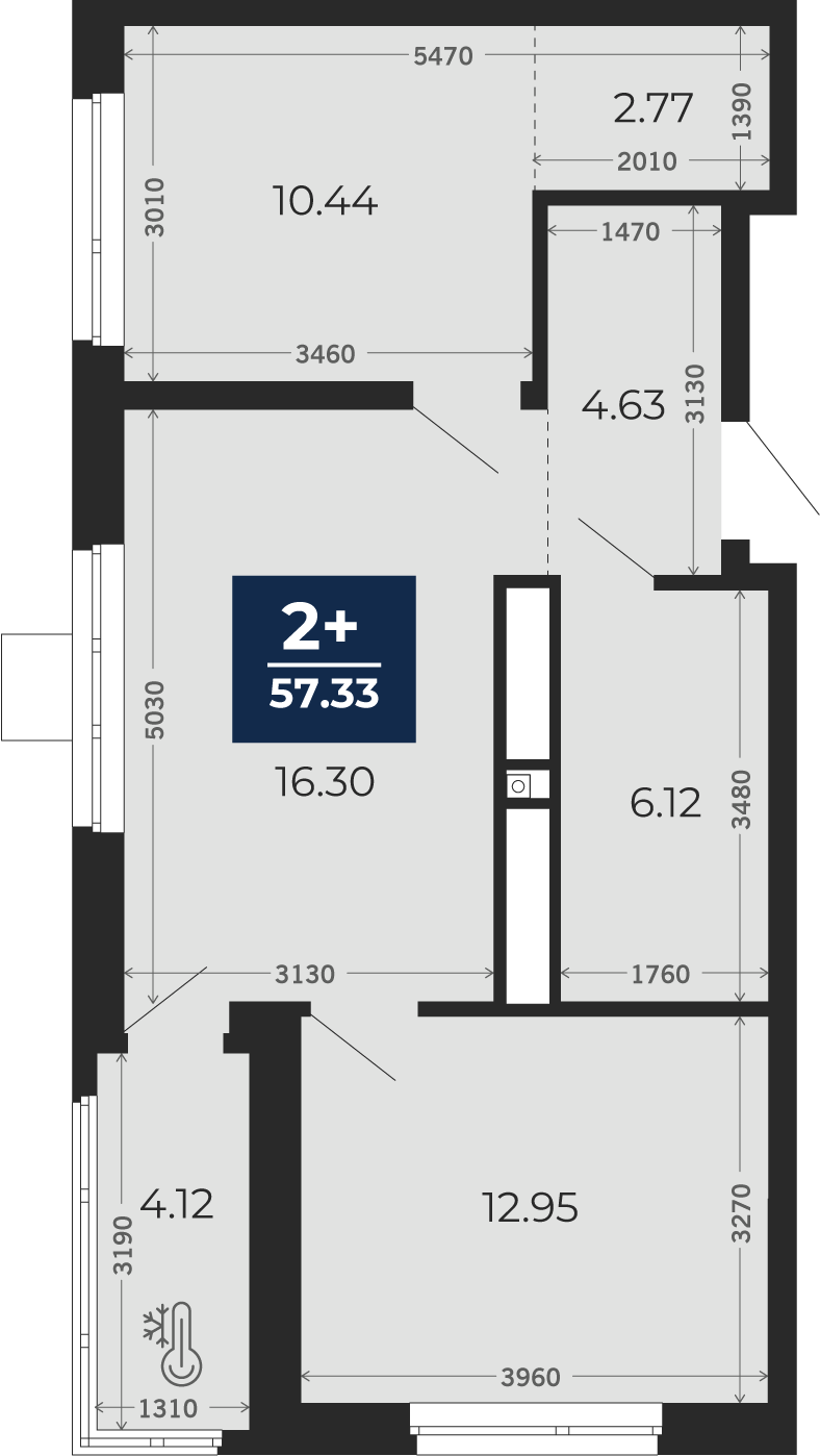 Планировка: Евротрешка 57.3 м² в ЖК Мириады, Мыс