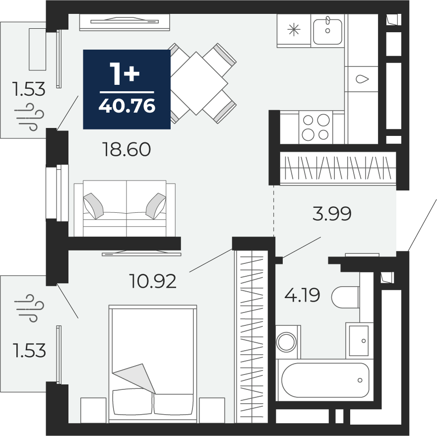 Планировка: Евродвушка 40.8 м² в ЖК Беринг, Лесобаза