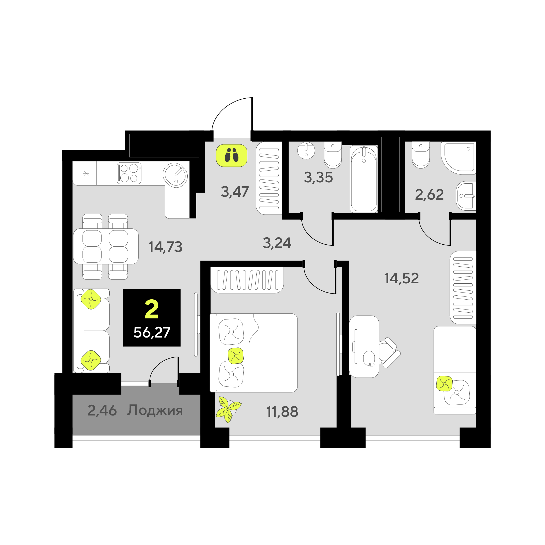 Планировка: Евротрешка 56.3 м² в ЖК Окинава, 5-й Заречный