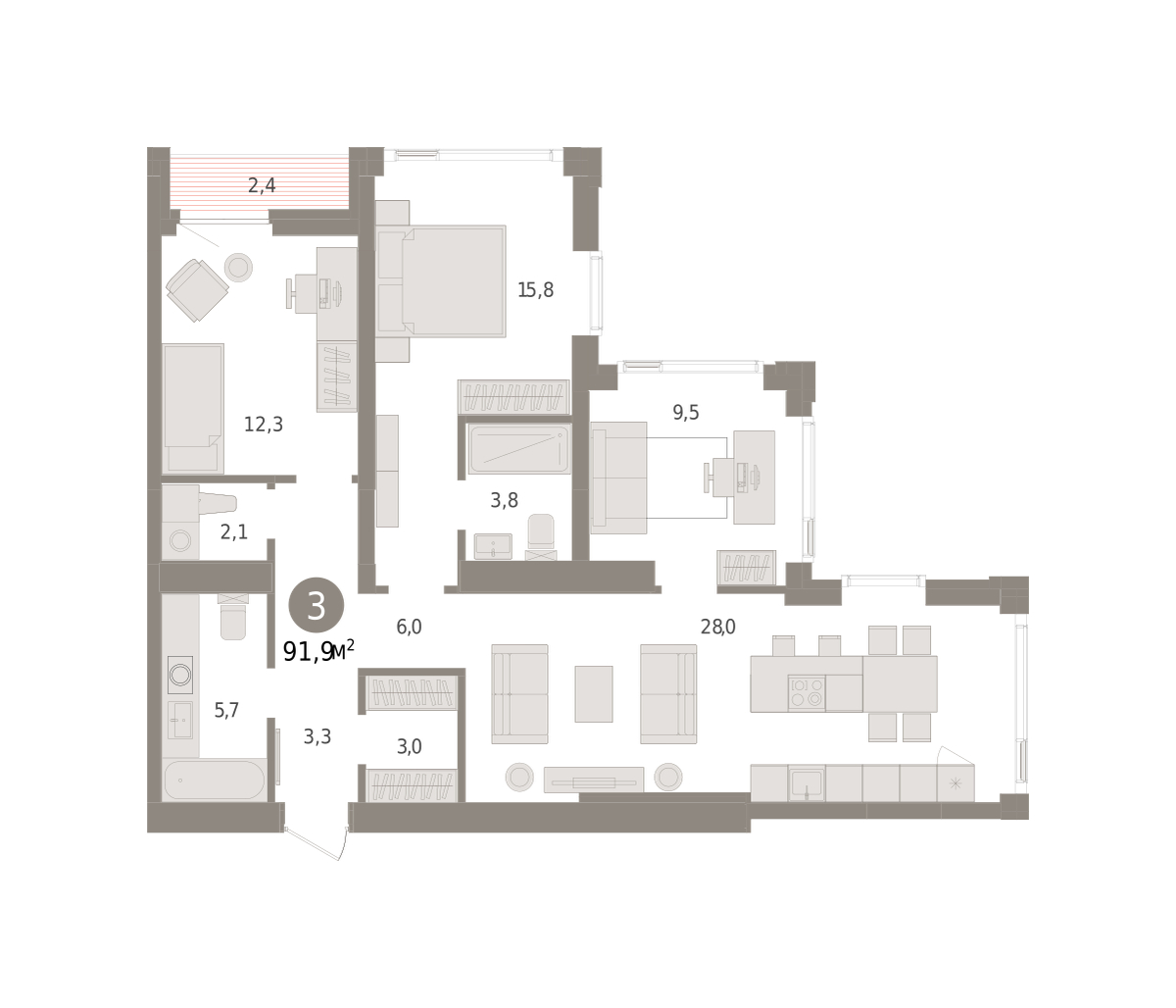 Планировка: 4-комнатная евро 91.9 м² в ЖК Зарека, Заречный