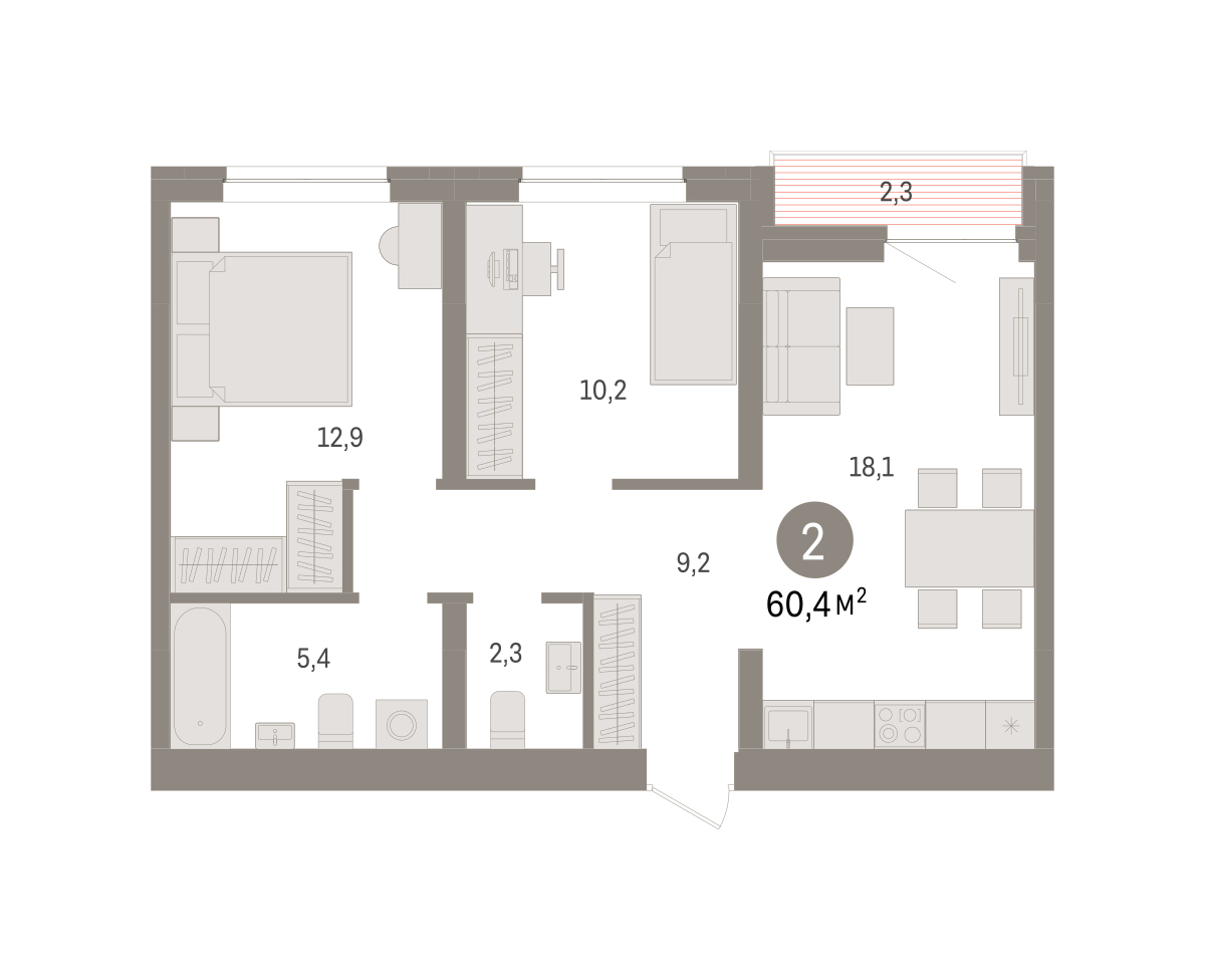 Планировка: Евротрешка 60.4 м² в ЖК Речной порт, Центр: Дом печати