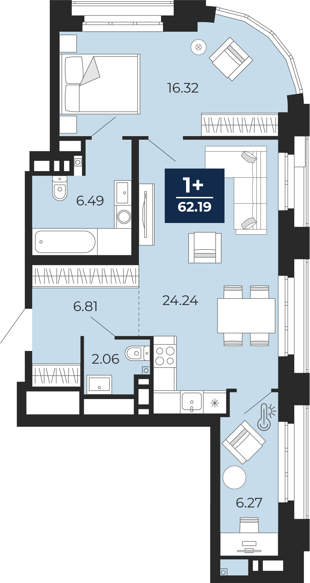 Планировка: Евродвушка 62.2 м² в ЖК Айвазовский, 5-й Заречный