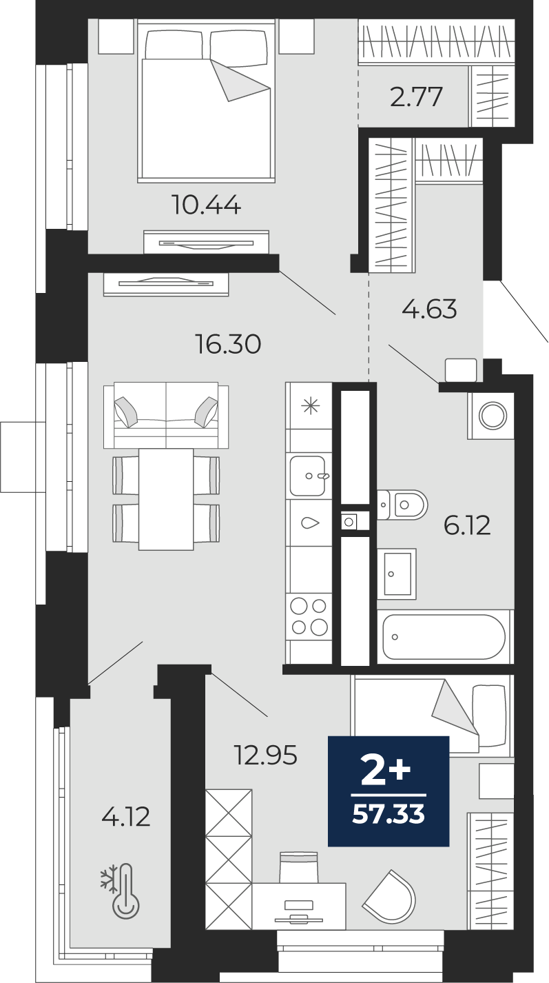 Планировка: Евротрешка 57.3 м² в ЖК Мириады, Мыс