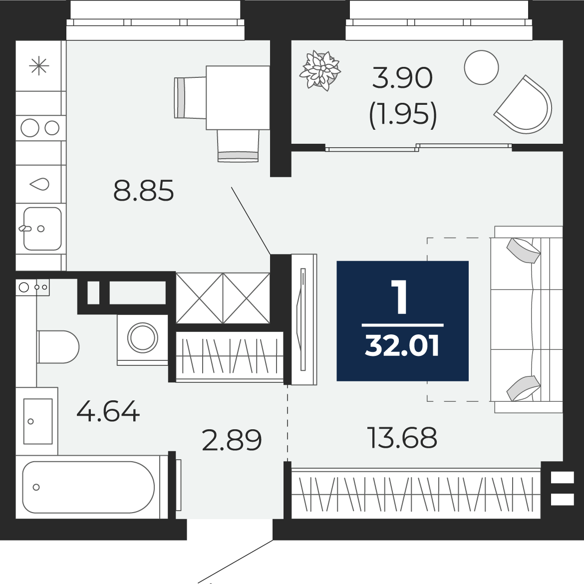 Планировка: 1-комнатная 34 м² в ЖК Беринг, Лесобаза