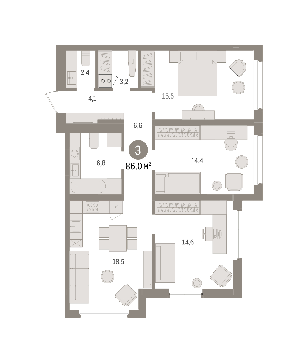 Планировка: 3-комнатная 86 м² в ЖК Зарека, Заречный
