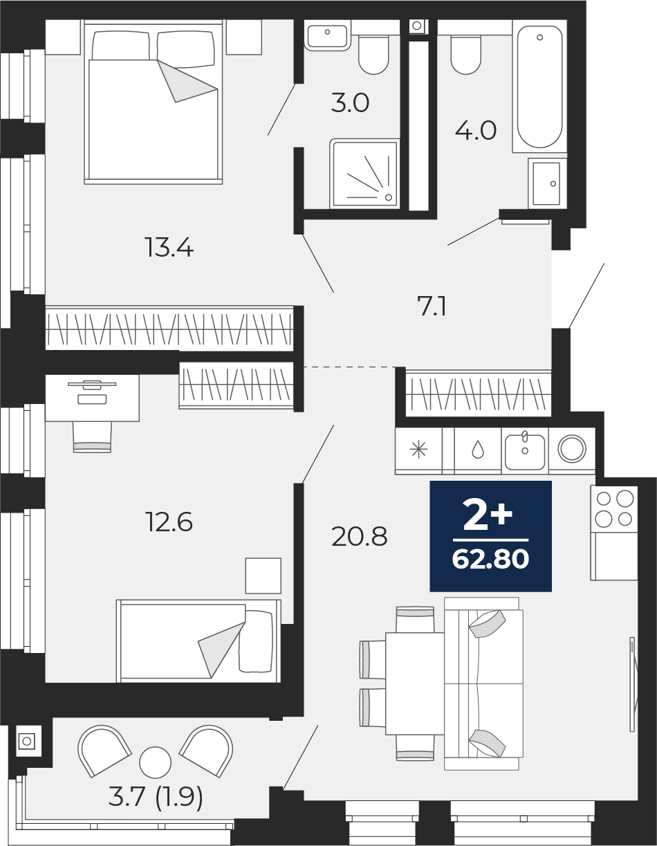 Планировка: Евротрешка 64.6 м² в ЖК Мириады, Мыс