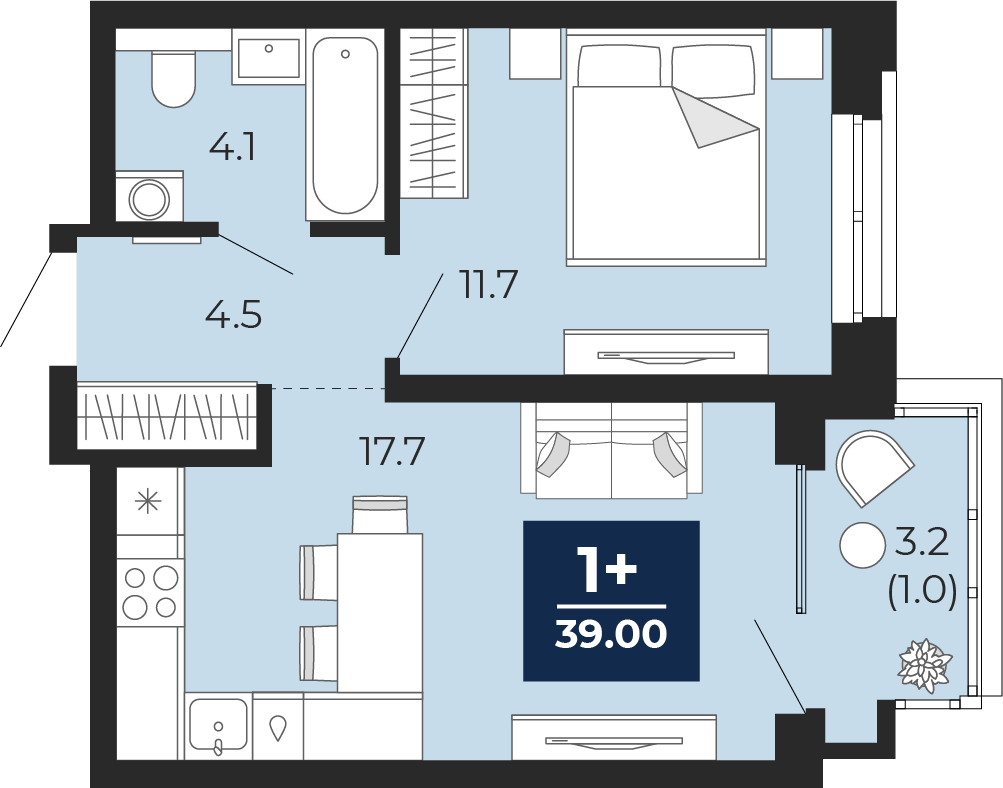 Планировка: Евродвушка 41.3 м² в ЖК Мириады, Мыс