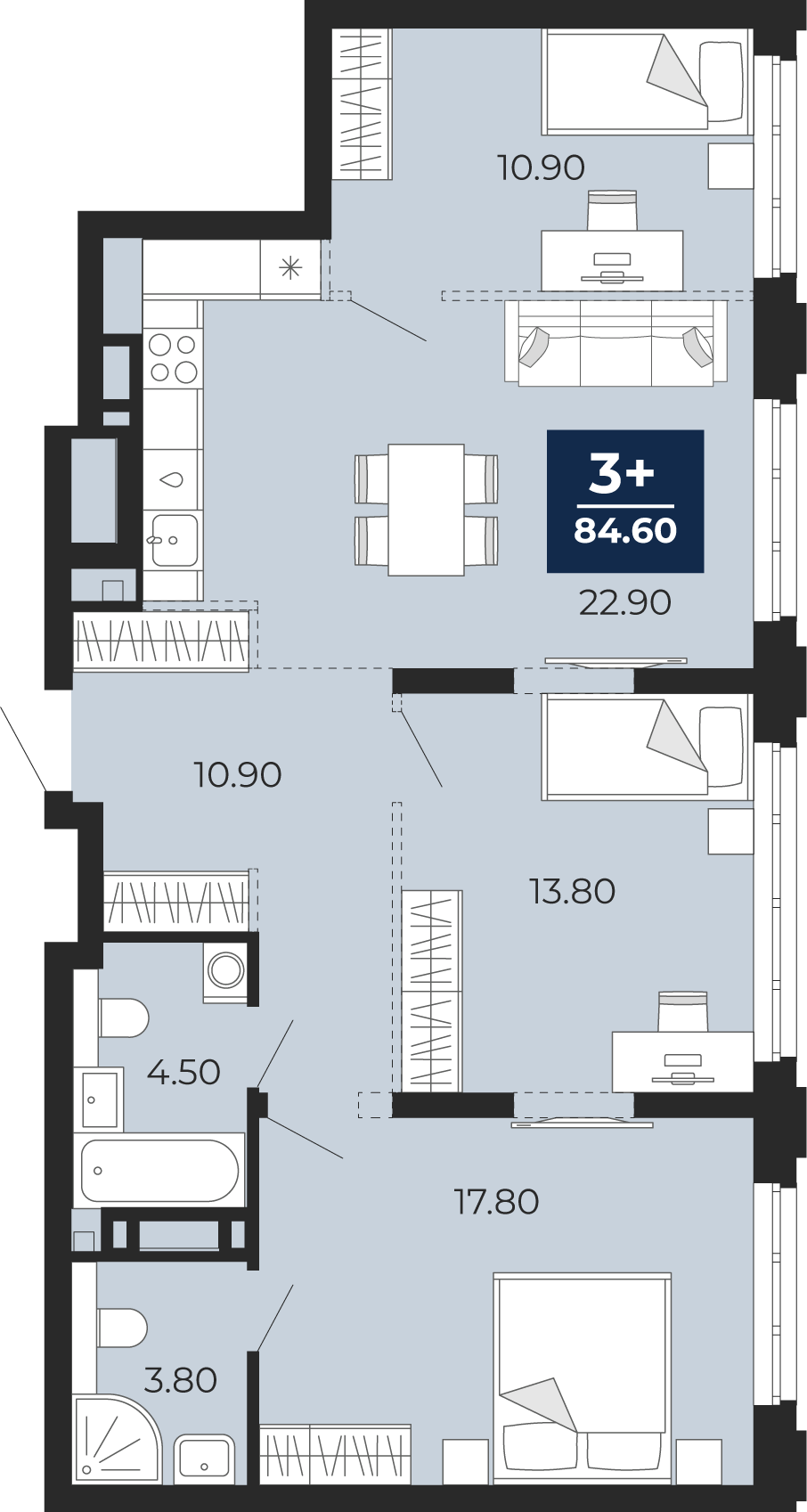 Планировка: 4-комнатная евро 84.5 м² в ЖК Айвазовский, 5-й Заречный