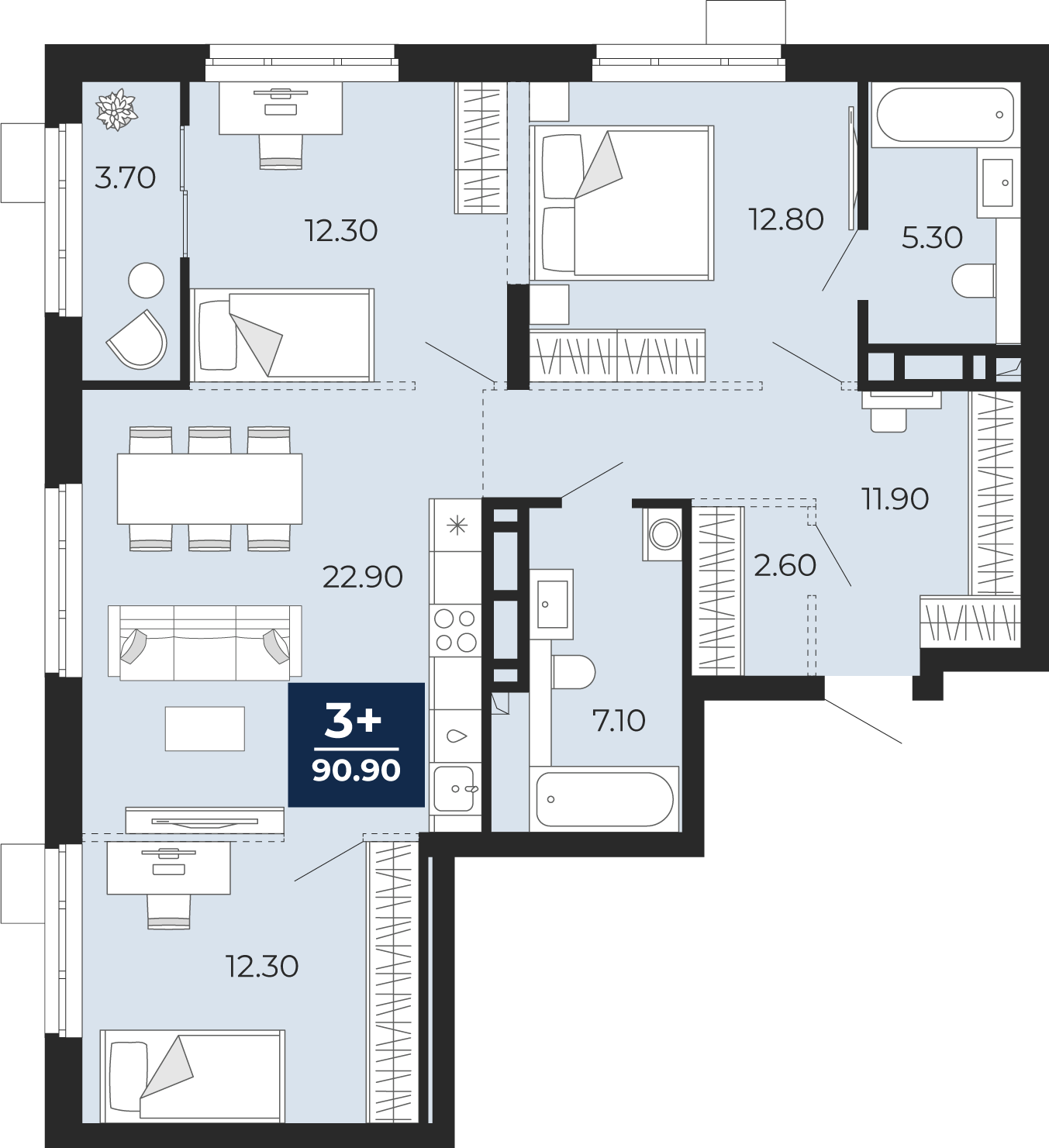 Планировка: 4-комнатная евро 90.9 м² в ЖК Айвазовский, 5-й Заречный