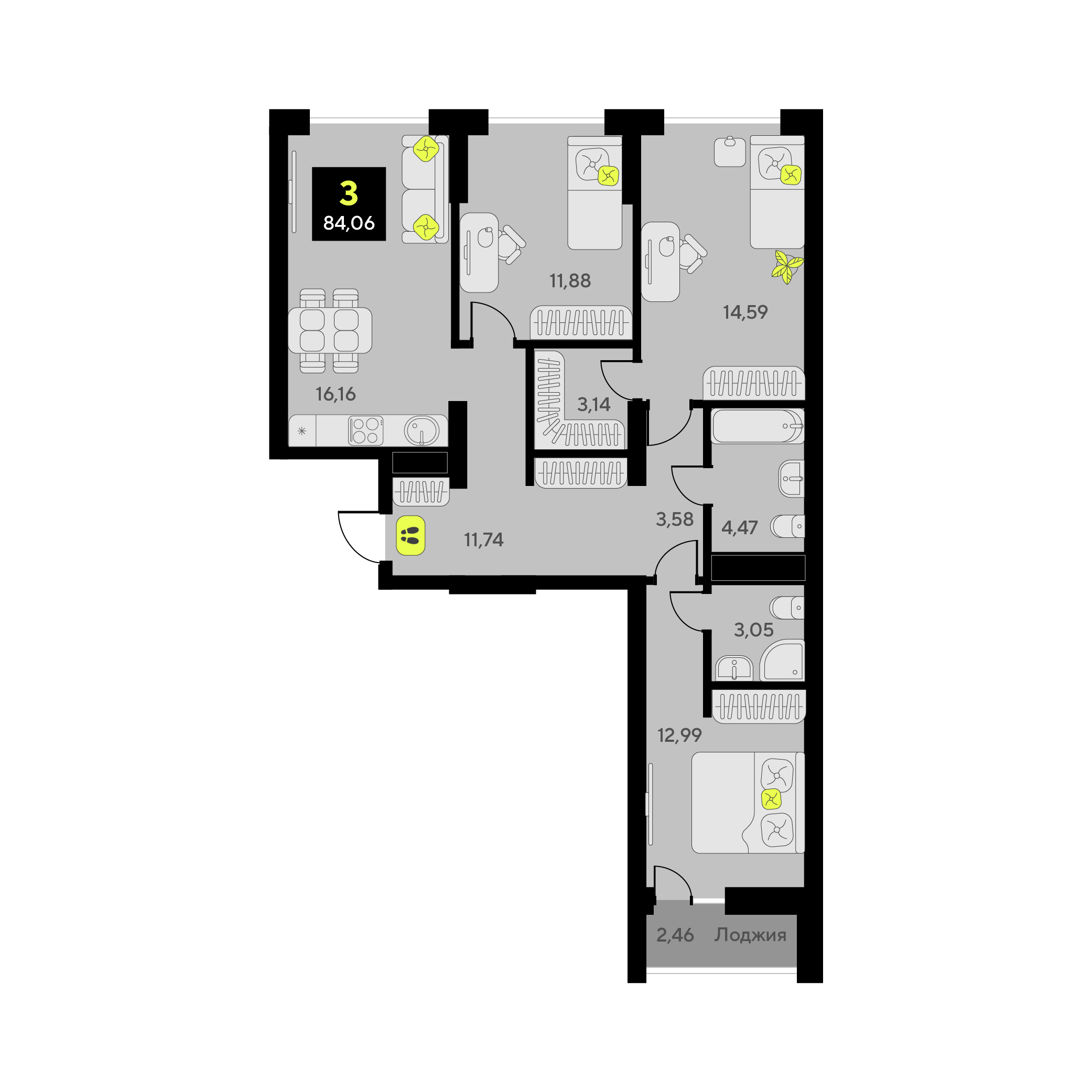 Планировка: 4-комнатная евро 84.1 м² в ЖК Окинава, 5-й Заречный