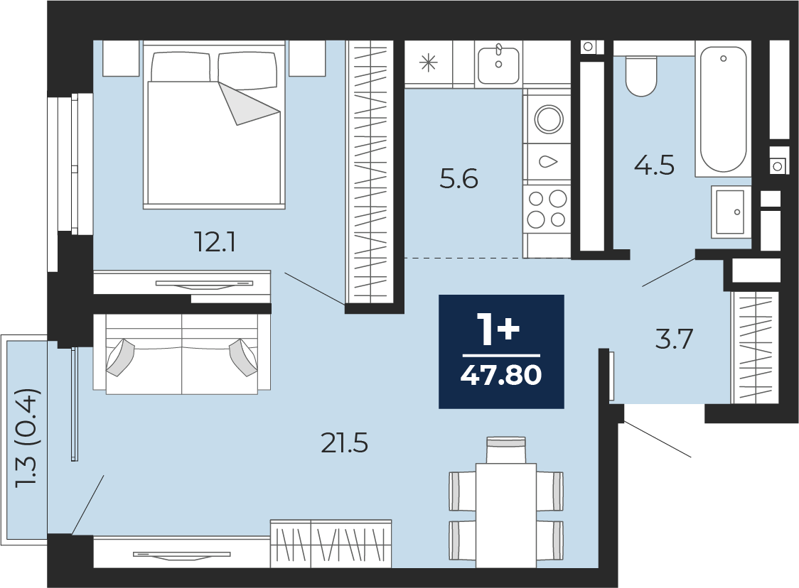 Планировка: Евродвушка 48.7 м² в ЖК Мириады, Мыс